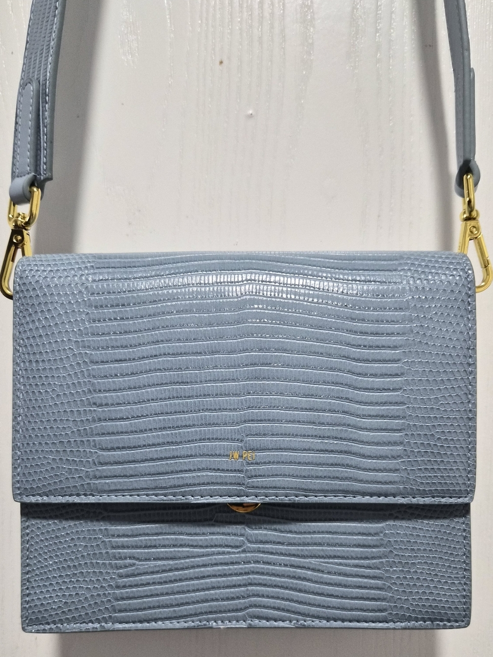 JW Pei Mini Flap Blue Lizard Embosed Crossbody Handbag